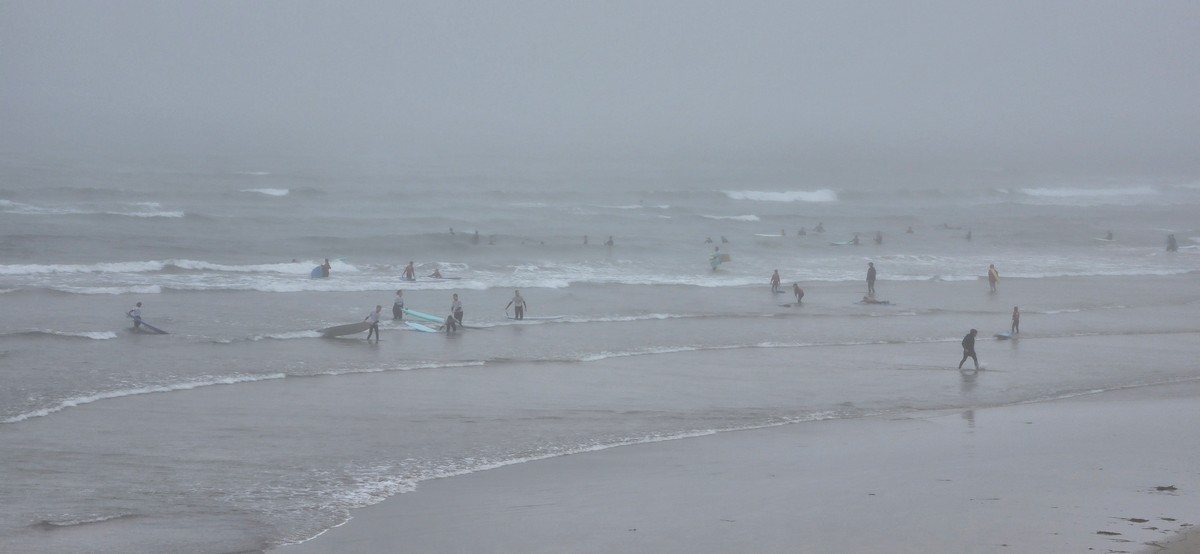plenty of beginner surfers in the shallows through the mist